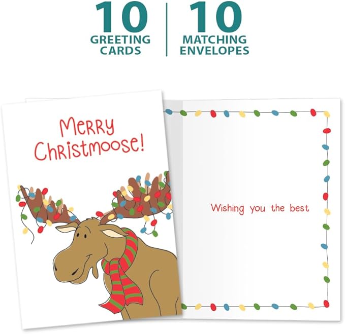 Tree-Free Greetings - Season's Greeting Cards - Artful Designs - 10 Cards + Matching Envelopes - Made in USA - 100% Recycled Paper - 5 x 7 - Merry Christmoose (HB30409)