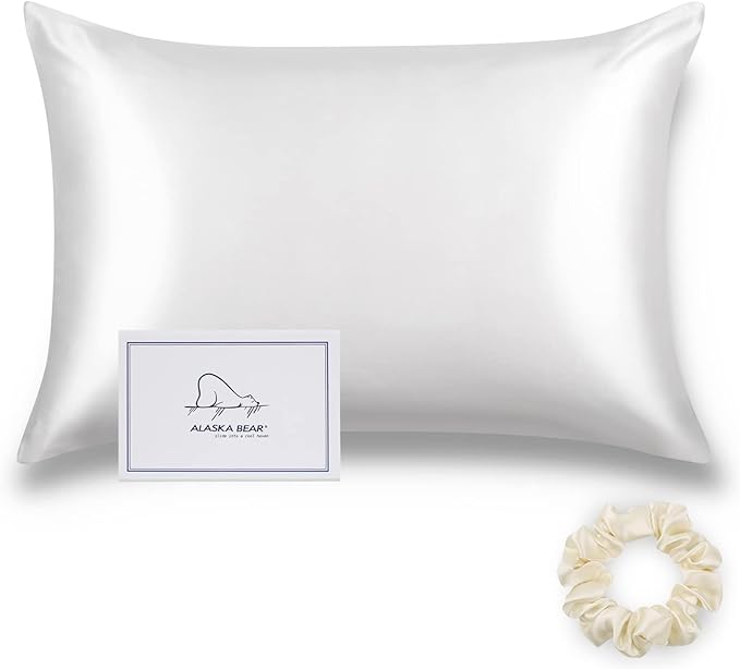 ALASKA BEAR Silk Pillowcase Envelope Closure, 22 Momme 100 Percent Long Overlap Sleeve Mulberry Silk Pillow Case Foldover Design, Machine Washable and NO Zipper, Standard (1, Cool White)