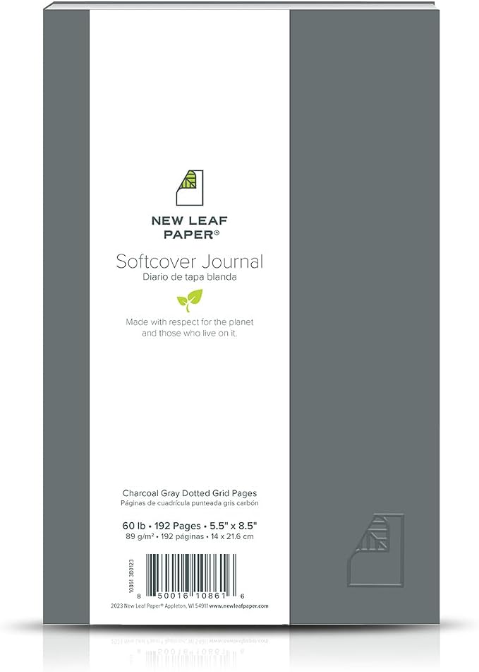 100% Recycled Softcover Dotted Grid Journal, Charcoal Gray, 9.75" x 7.75", 192 Pages, Embossed, Perfect Bound, FSC Certified, Made in USA