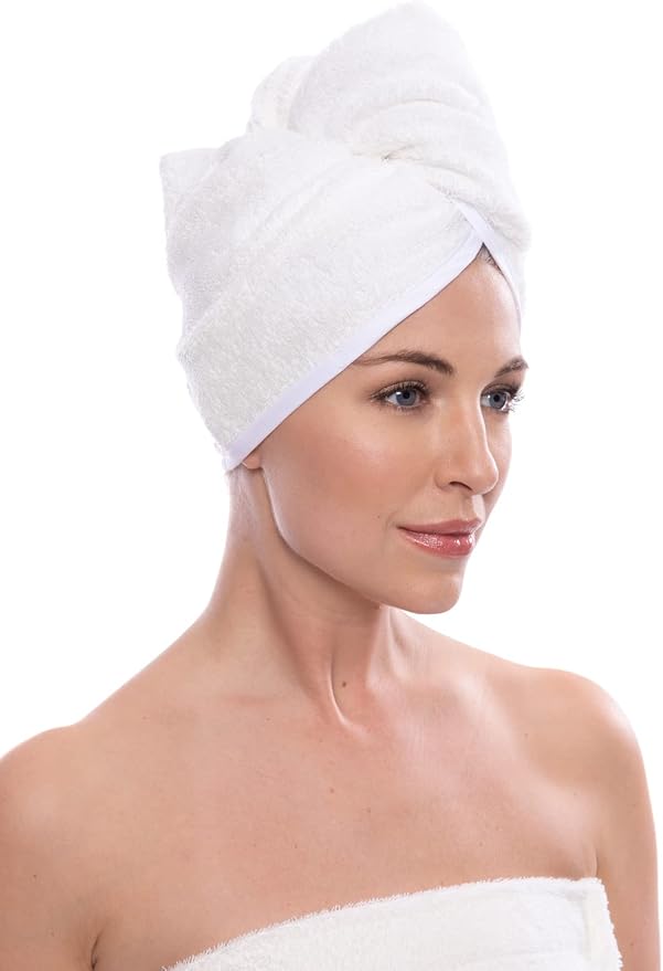 TexereSilk Women's Rayon and Cotton Terry Hair Towel - Quick Dry, Absorbent and Lightweight Hair Wrap Towel with Loop and Twist Closure (Tya, Natural White, U)