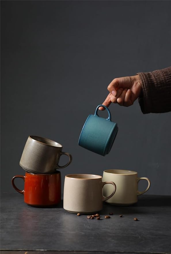 12oz Japanese Style Minimalistic Asian Rustic Reactive Glaze Ceramic Pottery Coffee Mug, Lead-Free Glaze earthen Tea Mug,Tea cup with handle, stoneware mugs, Microwave and Dishwasher Safe(Khaki)