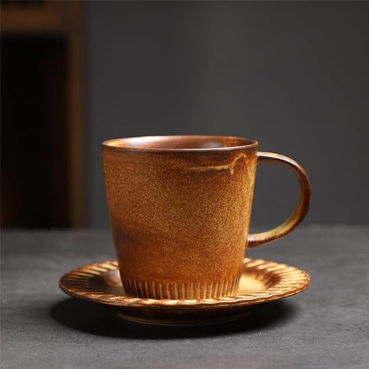 Rustic Kiln Glaze Textured Ceramic Coffee Mug with Saucer, Vintage Wabi Sabi Latte Tea Cup Multiple Styles, set of 1 (MIXED02)