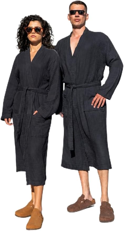 Muslin Unisex Bathrobe Women & Men, 100% Cotton Kimono Lightweight Robe | Long Robes Soft, Absorbent, Spa robes