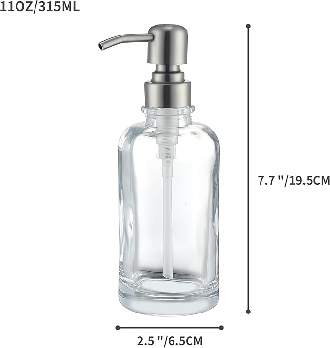 Clear Glass Soap Dispenser with Brushed Nickel Pump, 11 OZ Liquid Soap Dispenser Cylindrical with Stainless Steel Pump for Dish Hand Soap Bathroom Kitchen Vanity Countertop