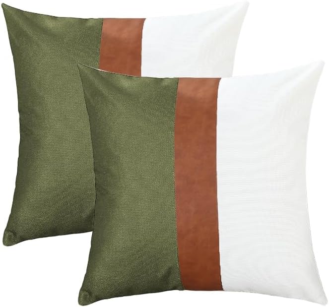 TAOSON Set of 2, Cotton Canvas & Faux Leather Pillow Covers 18x18 Inch - Olive Green White Brown Patchwork Striped Throw Pillow Cases Modern Farmhouse Cushion Covers for Sofa