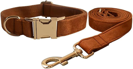 Love Dream Velvet Dog Collar and Leash Set, Soft & Comfy Adjustable Dog Leash and Collar with Heavy Duty Metal Buckle for Small Medium Large Dogs Training & Walking (Small, Copper Red)