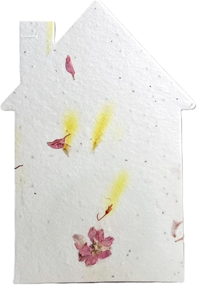 Of The Earth Handmade Paper - Wildflower Seed Paper House Shaped Cards - w/Seeds & Petals - 5" x 7" - Set of 8 - Guides & Envelopes Included (37s Pink & Safflower)