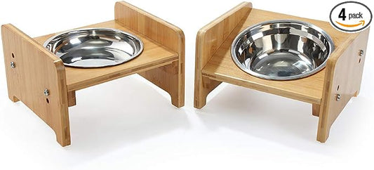FOREYY Set of 2 Raised Pet Bowls for Cats and Small Dogs - Bamboo Tilted Single Elevated Dog Cat Food and Water Bowls Stand Feeder with 3 Stainless Steel Bowls and Anti Slip Feet for Comfort Feeding