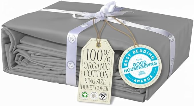 Delilah Home 100% Organic Cotton Duvet Cover, GOTS & Vegan.org Verified, Long Stem 300 TC Sateen Bedding, Non-Synthetic, Deep Pocket Fitted Linen, Lightweight, All-Season, 1 Piece King Size - Grey