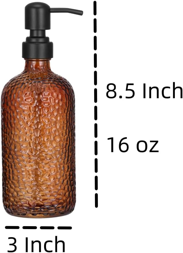 2-Pack Dimpled Finish Amber Glass Soap Dispensers with Matte Black Stainless Steel Pumps, 16 oz Refillable Bottles for Kitchen & Bathroom (Amber Dimpled Finish-Black Pump)