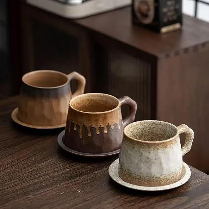 10oz Vintage Retro Handmade Ceramic Cappuccino Cup with Saucer –Small Rustic Stoneware tea cup and saucer, Lead-Free Latte Art Mug,Handmade mug with saucer set, Microwave safe, Brown