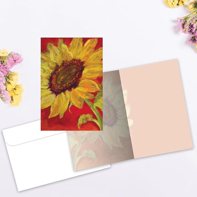 Tree-Free Greetings Sunflower Prima Donna All Occasion Cards - 12 Recycled 4x6 Cards & White Envelopes, Thick Cardstock, Made in USA - Intricate Floral Painting
