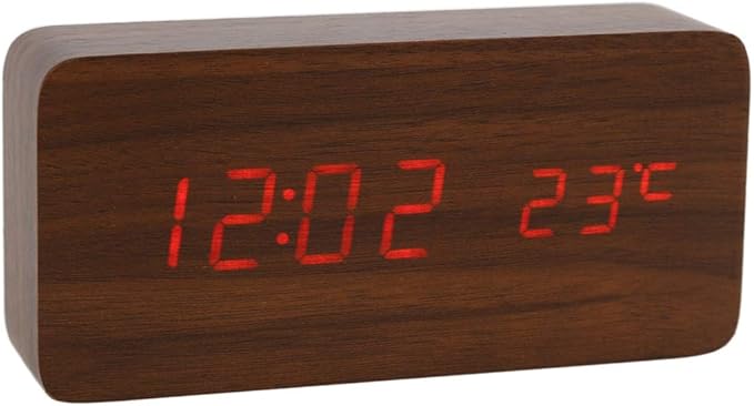 Wooden Digital Clock Multi-Function LED Alarm Clock with Time/Date/Temperature Display and Voice Control for Home Office Travel - AC11Brown_Red