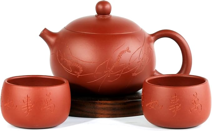 Zisha Teapot Set Chinese Yixing Clay Tea Pot 11 Oz with 2 Cups,Personal Tea Maker Set,Masterpieces -Shrimp