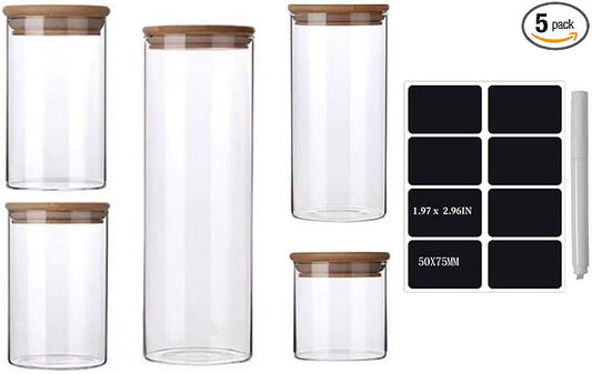 Glass Jars with Bamboo Lids 36 OZ [Set of 5],Canisters with Airtight, Glass Food StorageContainers for Coffee, Sugar,Tea, Candies, Cookies | Natural bamboo lids reliable airtight sealing for coffee sugar tea candies cookies 36 oz set of 5 glass jars