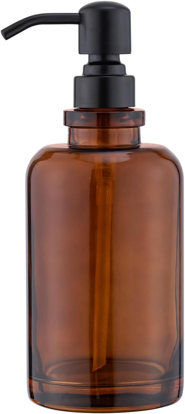 Amber Glass Soap Dispenser, 17oz 500ml Refillable Liquid Hand Soap Dispenser, 304 Stainless Steel Pump Leakproof Lotion Container for Bathroom Kitchen Sink Vanity Countertop