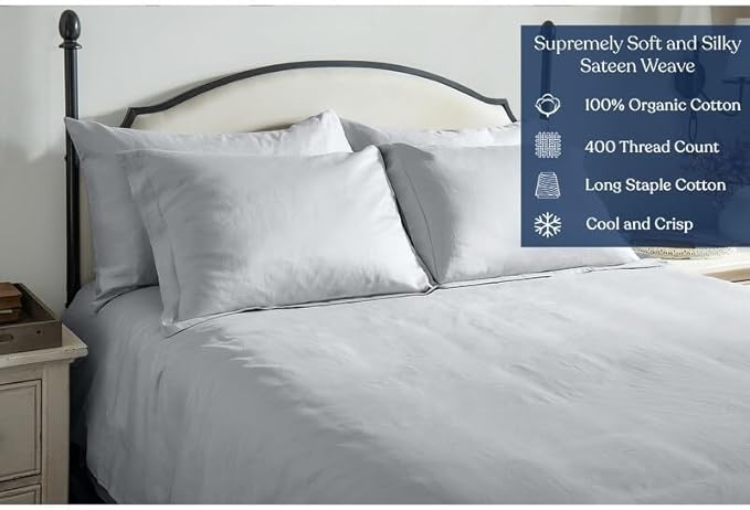 GOTS Certified 100% Organic Cotton Sheets, 400TC Long Staple Cotton, Ultra Soft Silky, Moisture-Wicking, Smooth & Breathable, with Elasticized Deep Pocket