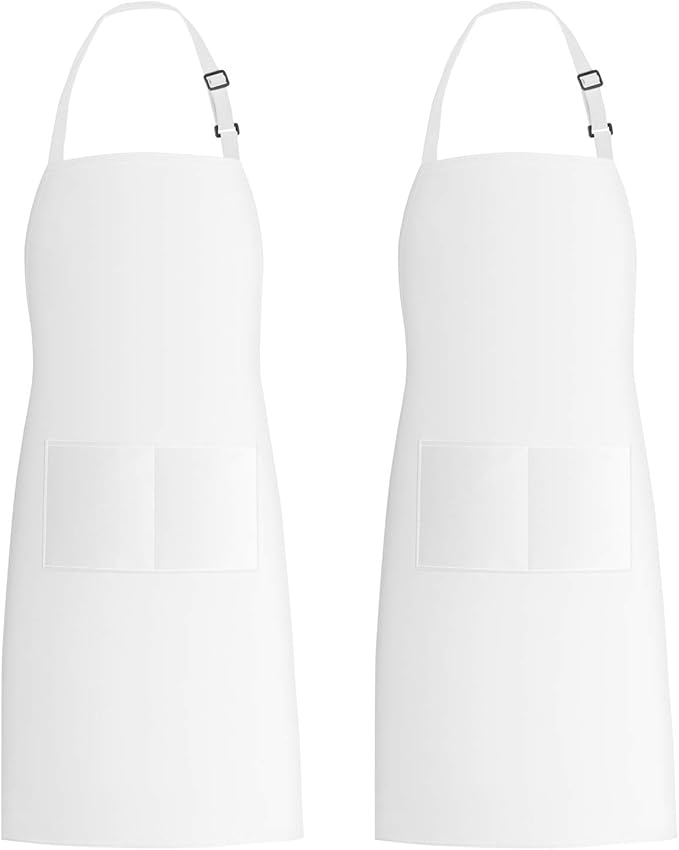 Xornis 2 Pack Bib Aprons with 2 Pockets Kitchen Apron Cooking Chef, White