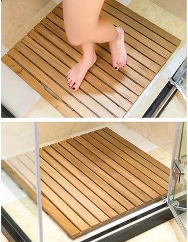 Teak Shower Mat Foldable Luxury Wooden Non-Slip Wood Bath Mat for Bathroom Bathtub Indoor Outdoor,Teak Wood Bath Mat with Non Slip Feet and Handles Solid Bamboo Shower Mat for Bathroom Parti