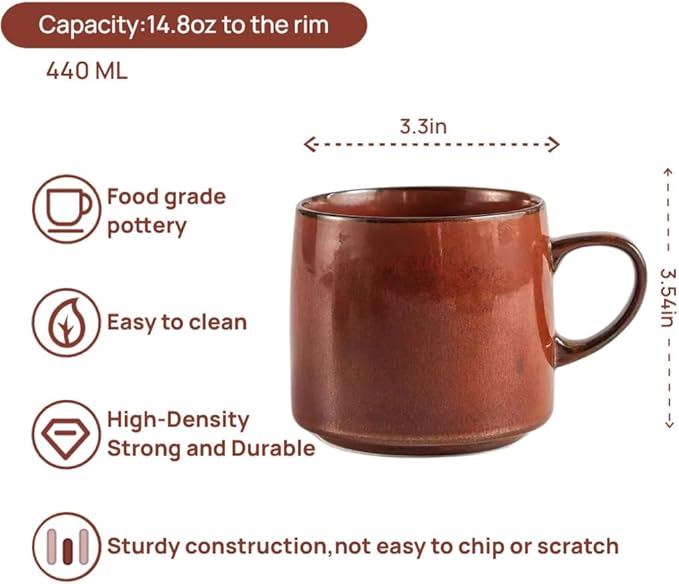 12oz Japanese Style Minimalistic Asian Rustic Ceramic Pottery Coffee Mug, Lead-Free Glaze earthen Tea Mug,Tea cup with handle, stoneware mugs for home and office, Microwave and Dishwasher Safe (Red)