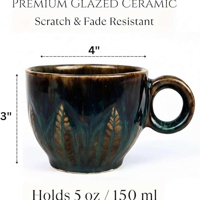 Ceramic Espresso Cup 5 oz, Stoneware Demitasse Coffee Mug with Handle, Artisan Reactive Glaze Texture, Small Latte Cappuccino Tea Cup, Microwave & Dishwasher Safe, Teal Brown, Pack of 2