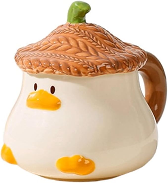 Coffee Mug Cups Ceramic Tea Cup Duck Animal Shaped Handmade Pottery Cute Mugs With Textured Lid Handle Office Home Hot Ice Chocolate Milk Mugs Gifts Microwave Dishwasher Safe 13 Oz Travel Mug (Brown)