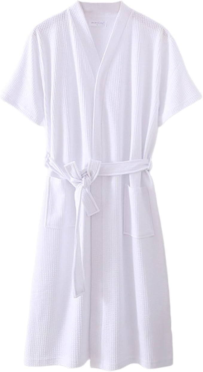 Waffle Bathrobe for Women Men, 3/4 Sleeve/Short Sleeve Kimono Robes, 100% Cotton, Lightweight, Soft Absorbent & Quick Dry