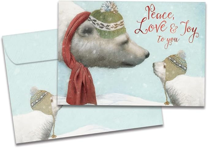 Tree-Free Greetings Peace Love Joy Holiday Cards - 10 Recycled 5x7 Cards & Matching Envelopes, Thick Cardstock, Sustainably Made in USA - Polar Bear Moment