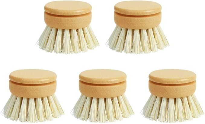 Eco-Friendly Dish Brush Replacement Heads - 5 Pieces Natural Sisal Hemp and Beech Wood Scrubbing Brushes Home Household Use