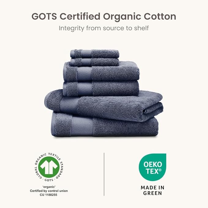 BIOWEAVES 100% Organic Cotton 6-Piece Luxury Bathroom Towels Set GOTS Certified 700 GSM, 2 Bath Towels, 2 Hand Towels & 2 Wash Cloths - Mineral