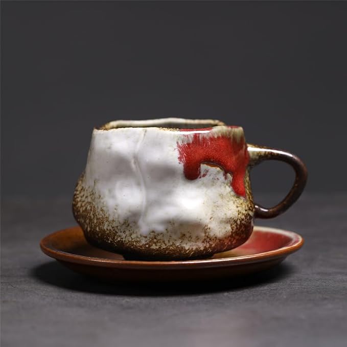 Handmade Irregular Ceramic Coffee Mug with Saucer, Kiln Flowing Glaze Wabi Sabi Latte Tea Cup Set, set of 1, 200ml (SHIGUANG03)