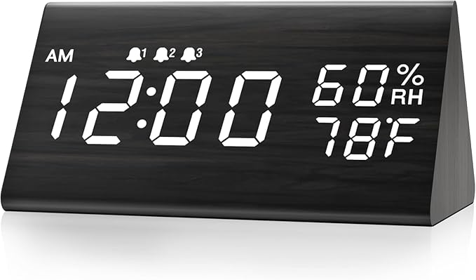 JALL Wooden Digital Alarm Clock for Bedrooms and Office, 3 Alarms with Large Numbers for Beside Table Living Room, Humidity and Temperature, 6-Level Dimmer, Snooze, Loud Desk Clock for Heavy Sleepers