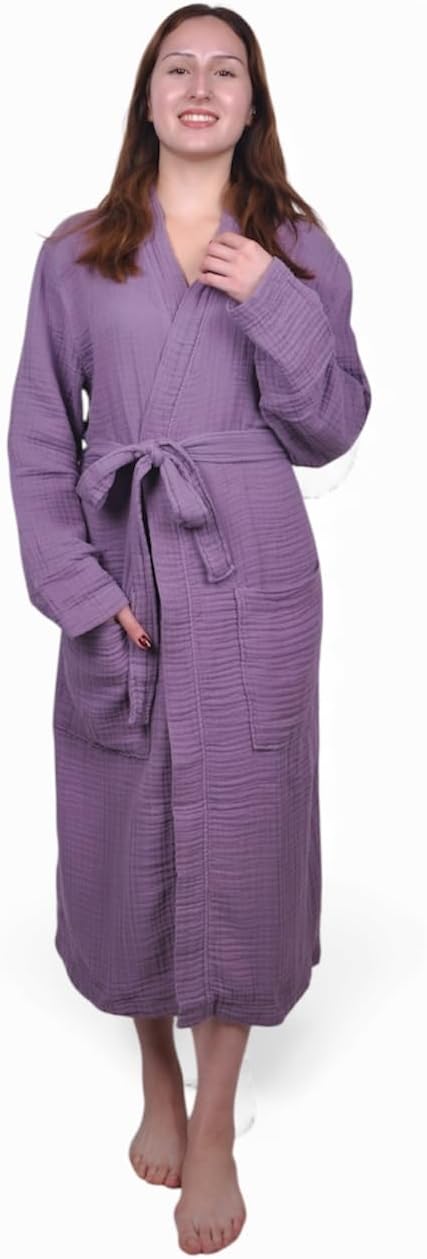 Muslin Bathrobe - Cotton Gauze Robe for Women and Men - Lightweight Breathable Summer Kimono - Boho Spa/Maternity Robe