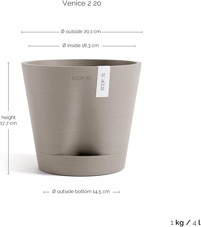 Ecopots Venice 2 Durable Modern Round Indoor/Outdoor Recycled-Based Composite Flower Pot Planter w/Water Reservoir, Taupe, 8"