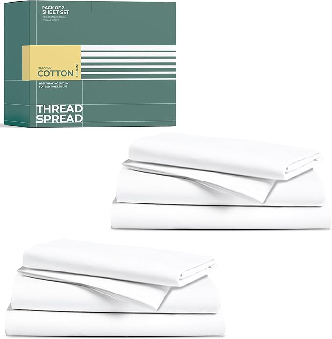 THREAD SPREAD 100% Organic Cotton Sheet Set Pack of 2 - Organic Cotton Twin Size Percale Weave Sheet Set, Soft, Cooling, Crisp & Breathable, 16" Deep Pocket Hotel Quality Bedding Set - White