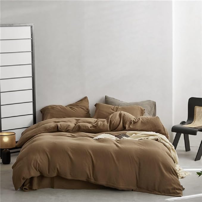 Muslin Duvet Cover Set 100% Cotton Queen Size,Double-Layer Linen Like Gauze Comforter Cover Brown 3 Pieces,Okeo-tex 100 Certified Duvet Cover 90"x90" with 2 Pillowcases for All Season