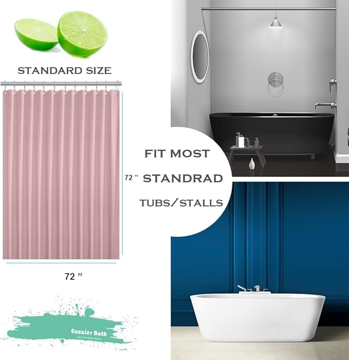 Baby Pink Plastic Shower Curtain Or Liner, 72x72 Inch Lightweight Light Pink Plastic Bathroom Shower Showroom Inner Curtain with Rustproof Metal Grommet Holes and Weighted Magnets