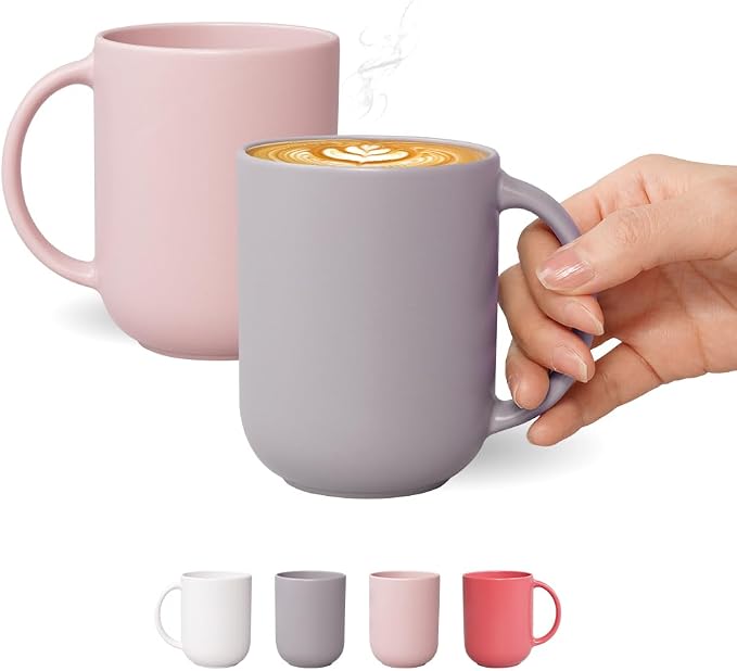 12 oz Ceramic Coffee Mug, Matte Pink White Gray Coffee Mug for Office and Home, Handmade in Korea! Set of 2 (Gray&Pink)