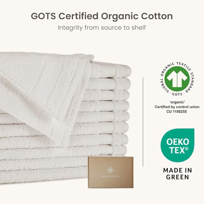 BIOWEAVES 100% Organic Cotton 700 GSM Plush Washcloths 13" x 13" GOTS Certified - Ivory, Pack of 12