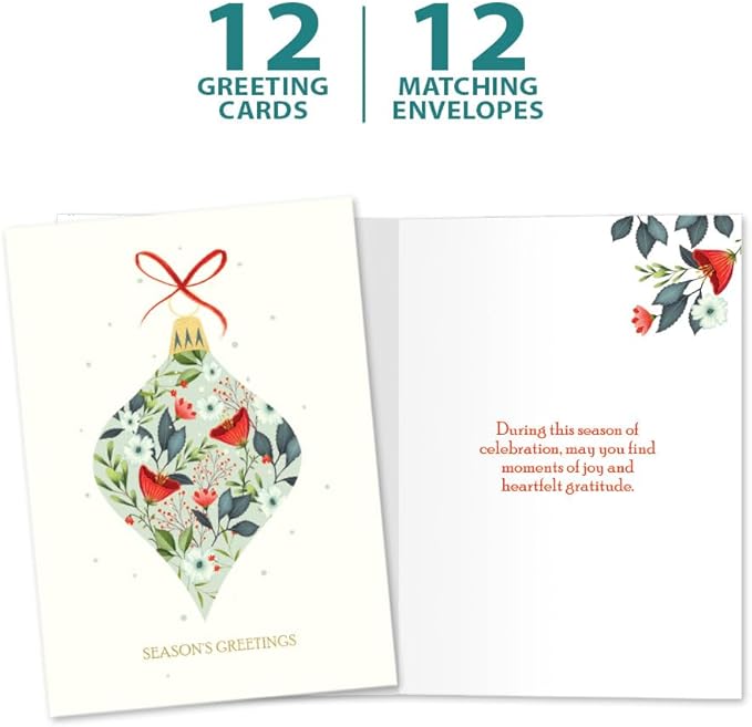 Tree-Free Greetings - Season's Greeting Cards - Artful Designs - 12 Cards + Matching Envelopes - Made in USA - 100% Recycled Paper - 5 x 7 - Elegant Ornament (VP80737)