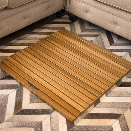 Teak Shower Mat Foldable Luxury Wooden Non-Slip Wood Bath Mat for Bathroom Bathtub Indoor Outdoor,Teak Wood Bath Mat - 21x28 Inch Anti-Slip Shower Floor Mat with Center Drain Hole, Durable S