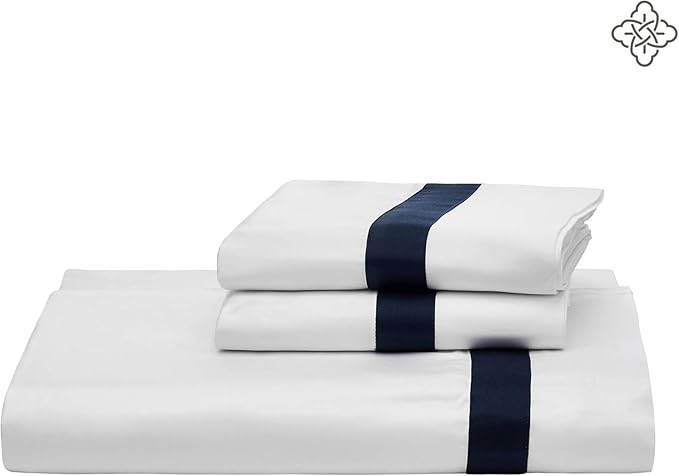 BIOWEAVES 100% Organic Cotton Banded Sheets Soft & Silky Sateen Weaves 4-Piece GOTS Certified Bed Sheet Set Fits Mattress Upto 17" Deep Pocket (Queen, White & Navy Blue)