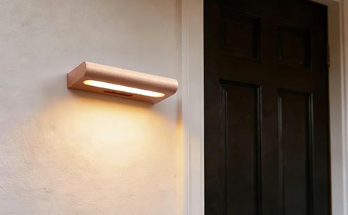 Beech Wood Solar Wall Lamp, Metal-Adhering Sensor Night Light, Warm White Led, USB Charging, No Wiring, 3.5 Oz for Hallway Cabinet Indoor Outdoor