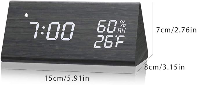 Digital Alarm Clock, Wooden Alarm Clock with Electronic LED Time Display, Humidity & Temperature Detect 3 Alarm Settings 3 Level Brightness Electric Clock for Bedroom Bedside Desk (Black wood)