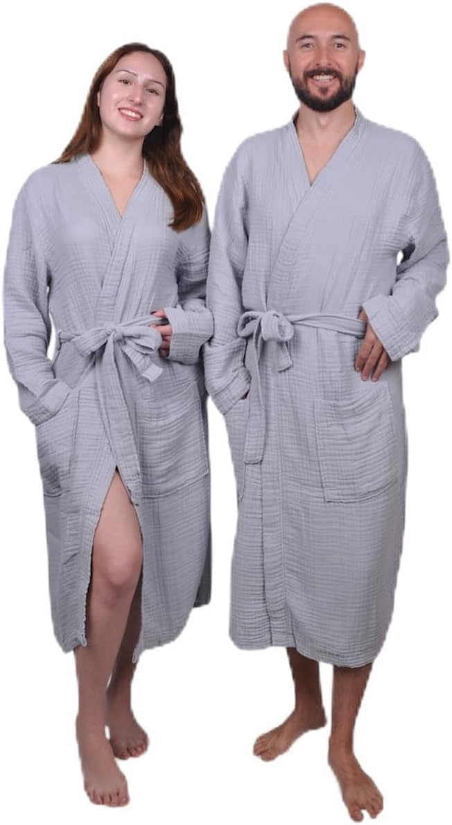 Muslin Bathrobe - Cotton Gauze Robe for Women and Men - Lightweight Breathable Summer Kimono - Boho Spa/Maternity Robe