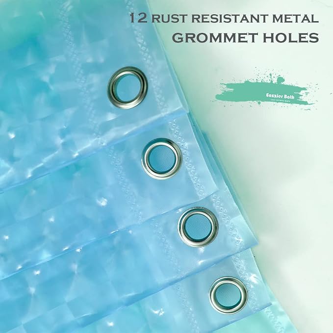 Blue 3D Crystal Plastic Shower Curtain Liner, 72x72 Inch Thin Lightweight Ice Cube Plastic Bathroom Shower Showroom Inner Curtain with Rustproof Metal Grommet Holes and Weighted Magnets