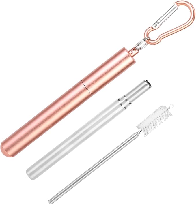 FTVOGUE Collapsible Stainless Steel Straw with Travel Case and Cleaning Brush for Tumblers Cups Smoothies Milkshakes Juice (Pink)