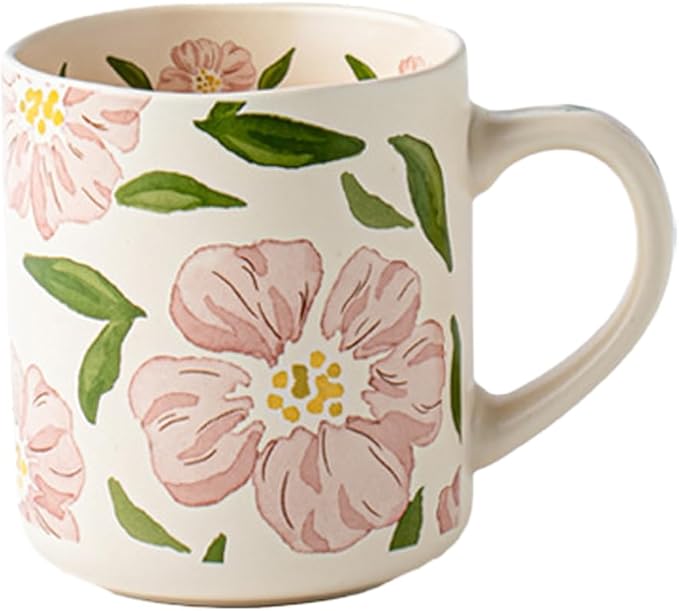 Ceramic Mugs for Men & Women, Unique Microwave & Dishwasher Safe Tea/Coffee Rustic Stoneware Cups for Office & Home (Pink Straight Flower Mug)