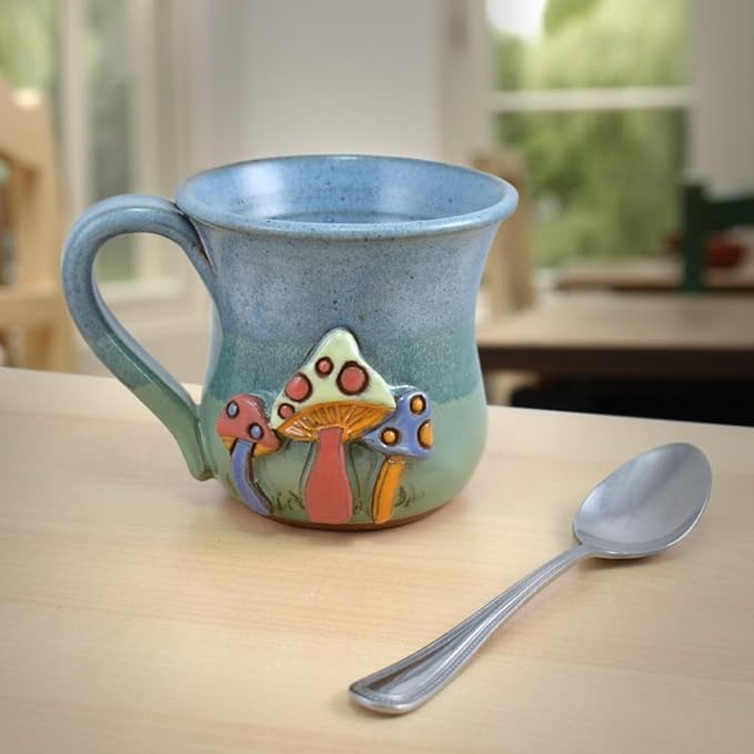 Enchanted Mushrooms Mug - American Handmade Sculpted Stoneware Pottery, 16-oz