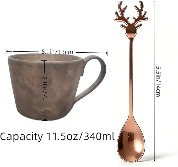 Vintage Ceramic Coffee Mug (with Handle), Handcrafted Lead-Free Ceramic Artistic Latte Cappuccino Espresso Tassee with Coffee Spoon, Coffee Mug, Tea Cup, Milk Tea Cup, 11.5oz
